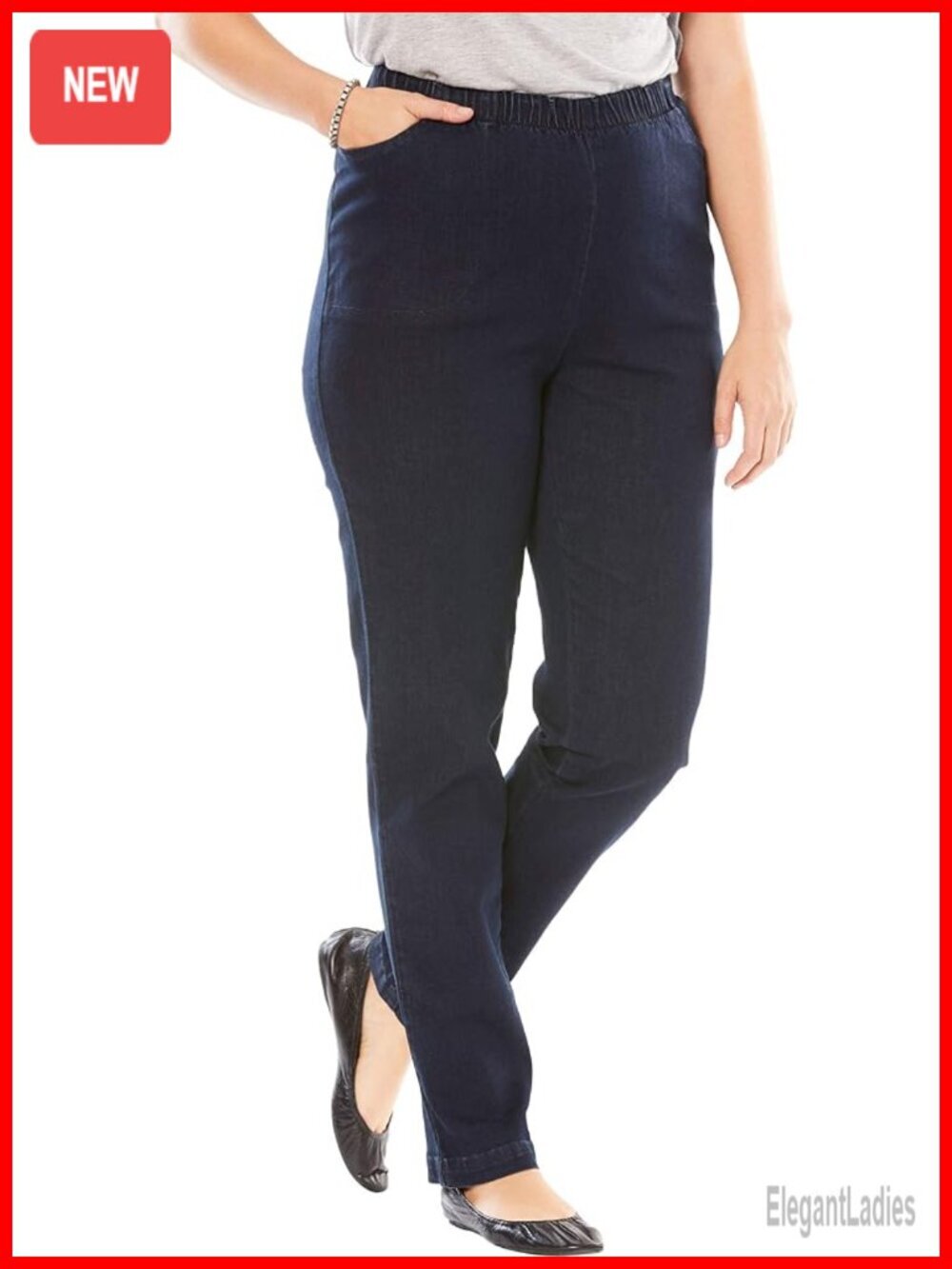 Plus Size Straight Leg Elastic Waist Pull-On Stretch Denim Jeans